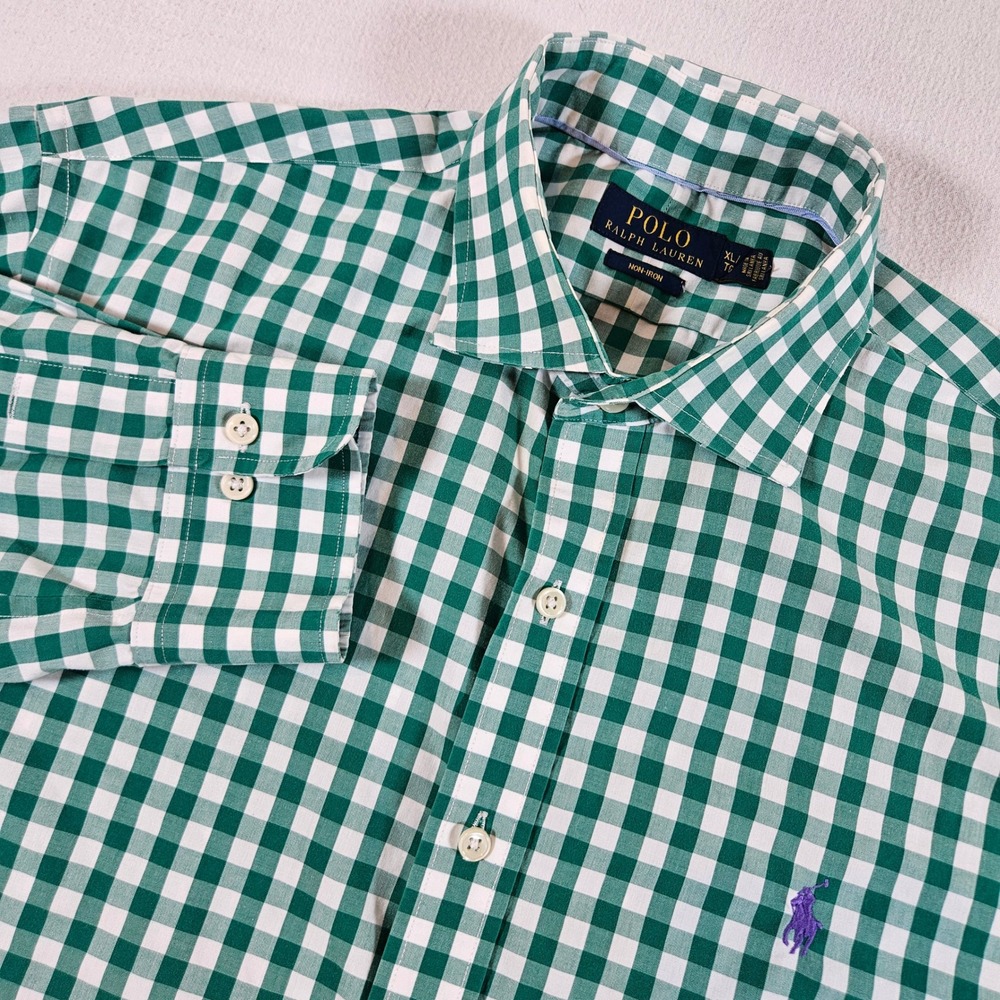 Polo Ralph Lauren Button Down Shirt Mens XL Green Gingham Non-Iron Long Sleeve